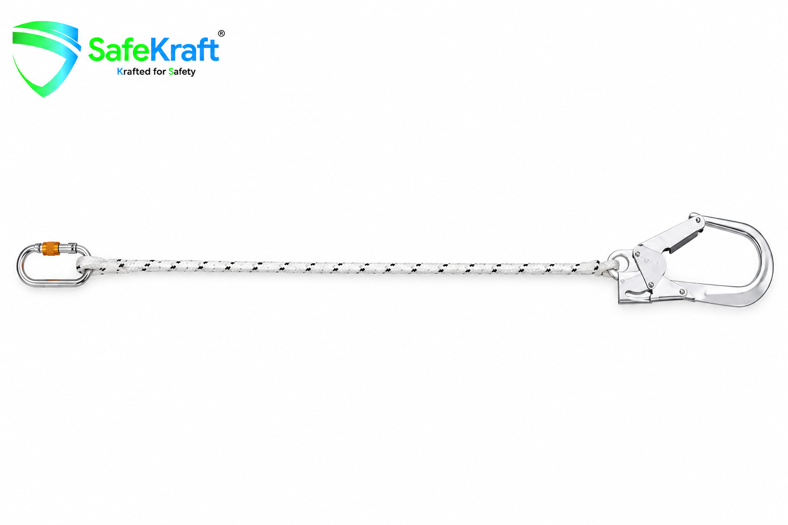 SafeKraft SK 288 Safety Lanyard with one side karabiner and one side scaffold hook, shown with a worker using the lanyard for work-at-height safety.