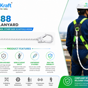 SafeKraft SK 288 Safety Lanyard with one side karabiner and one side scaffold hook, shown with a worker using the lanyard for work-at-height safety.