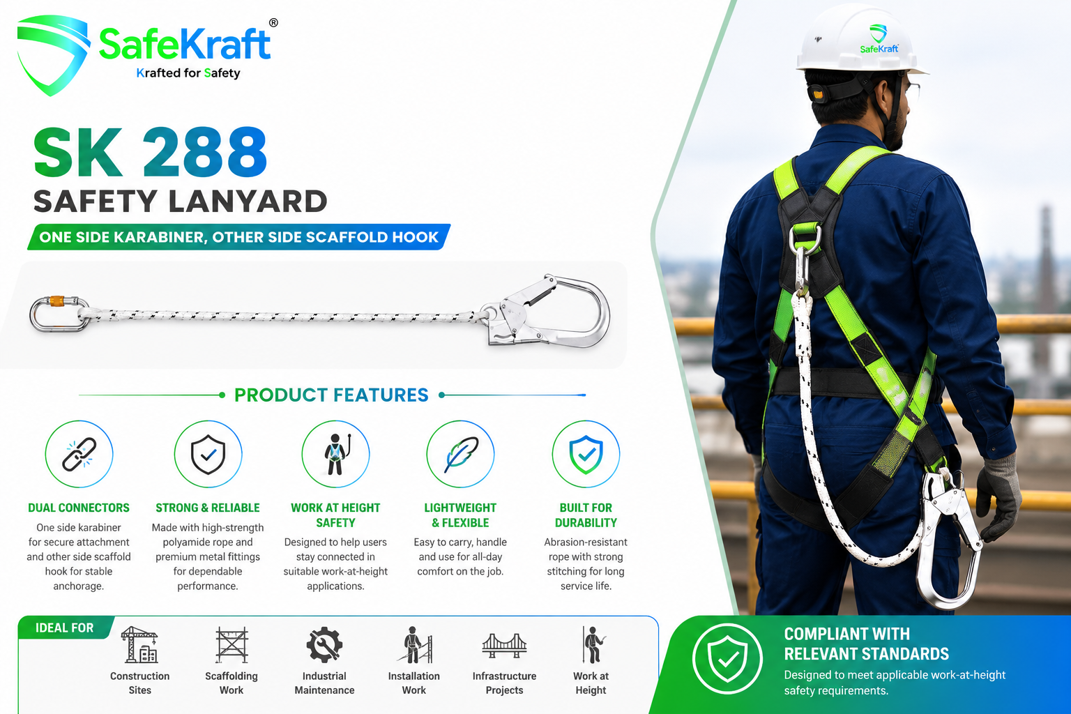 SK 288 ONE SIDE KARABINER OTHER SIDE SCAFFOLD HOOK - SafeKraft SK 288 Safety Lanyard with one side karabiner and one side scaffold hook, shown with a worker using the lanyard for work-at-height safety.
