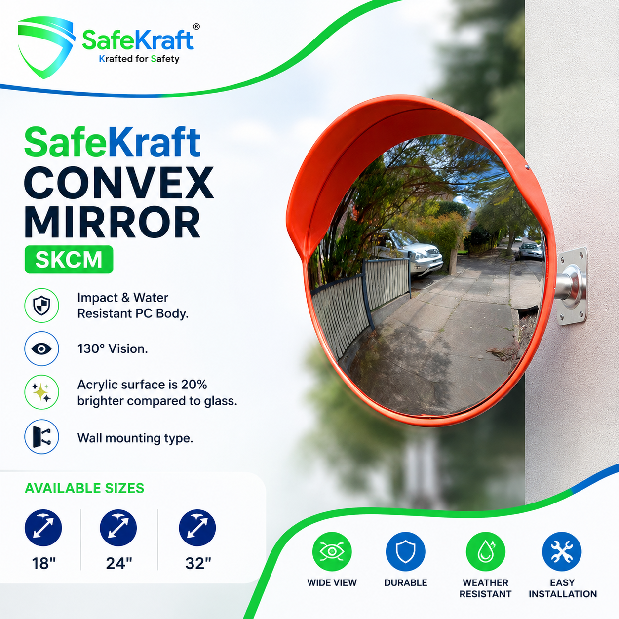 SafeKraft Convex Mirror - SKCM SafeKraft SKCM 130° wide-angle convex safety mirror with durable PC body.