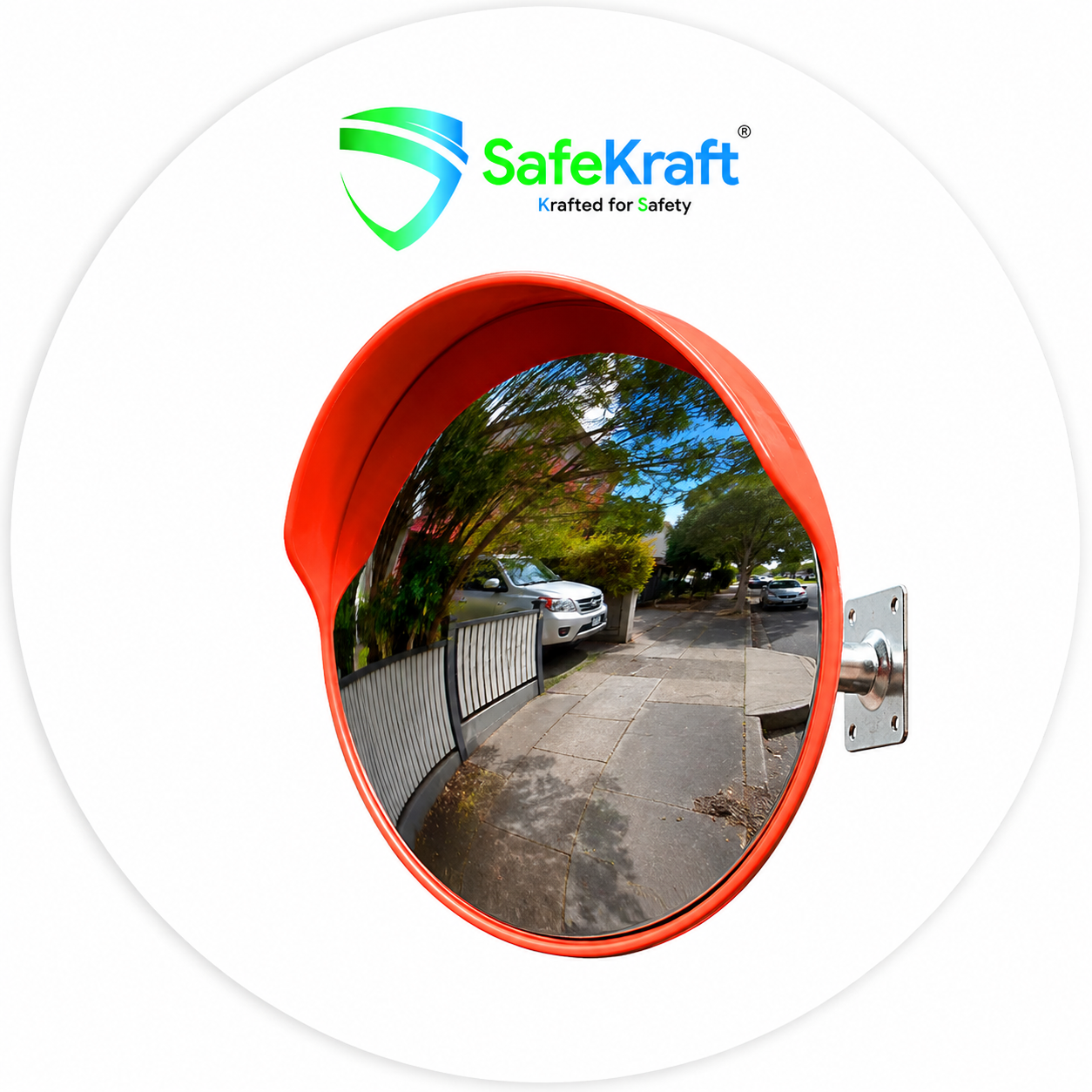 SafeKraft SKCM 130° wide-angle convex safety mirror with durable PC body.