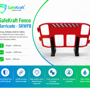 SafeKraft Fence Barricade SKWFB – red LLDPE safety barrier with black base.