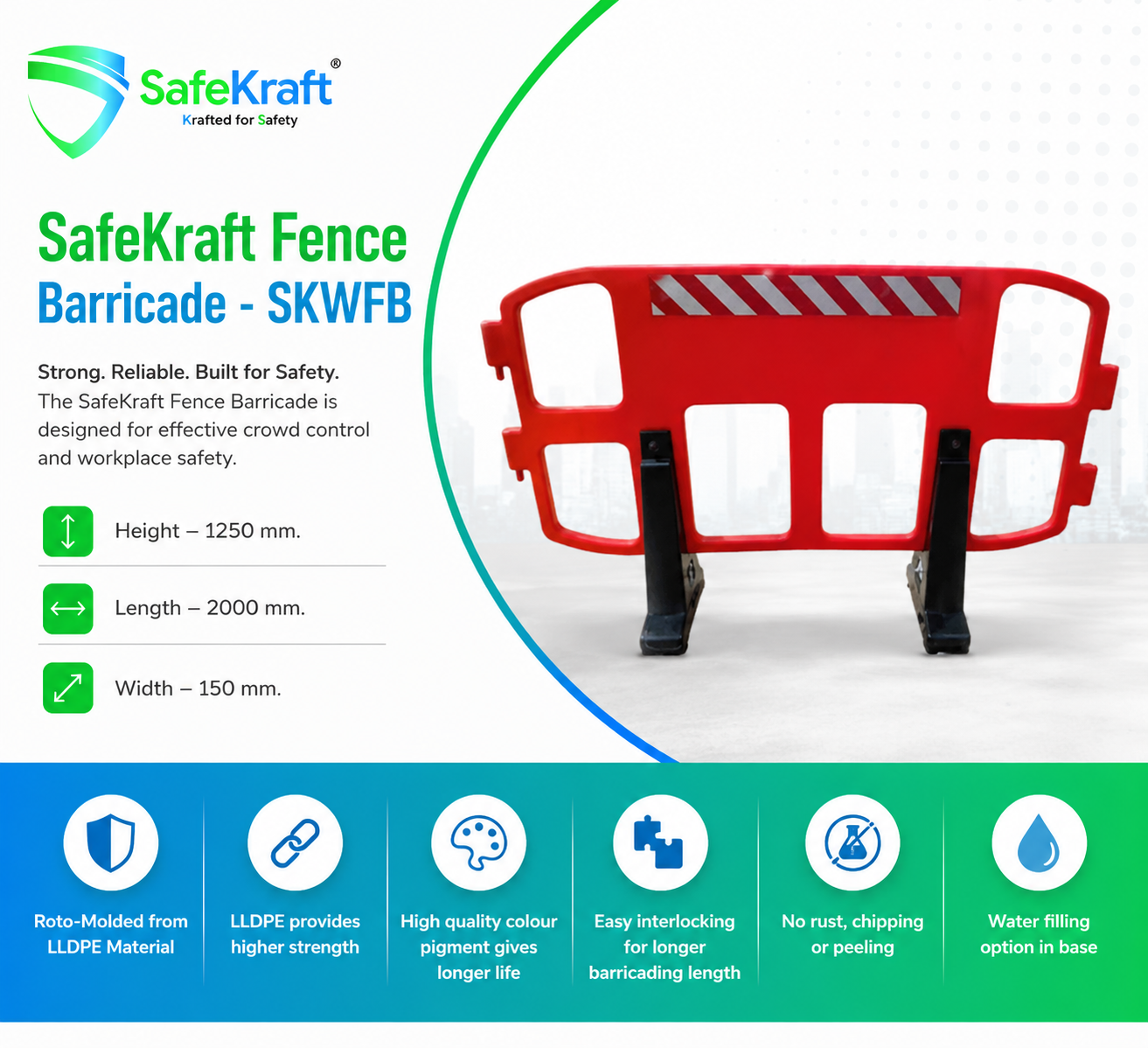 SafeKraft Fence Barricade - SKWFB SafeKraft Fence Barricade SKWFB – red LLDPE safety barrier with black base.