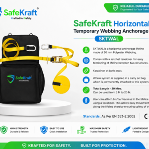 SafeKraft SKTWAL horizontal temporary webbing anchorage line with 30 mm polyester webbing and ratchet tensioner.