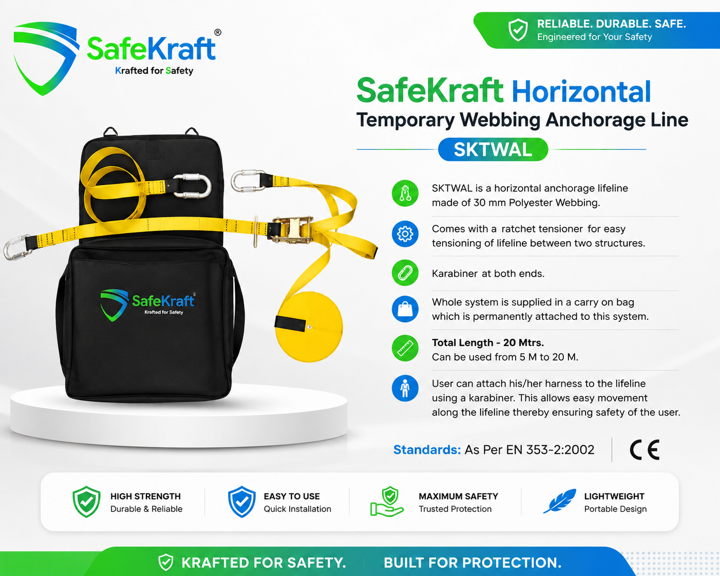 SafeKraft Horizontal Temporary Webbing Anchorage Line - SKTWAL SafeKraft SKTWAL horizontal temporary webbing anchorage line with 30 mm polyester webbing and ratchet tensioner.