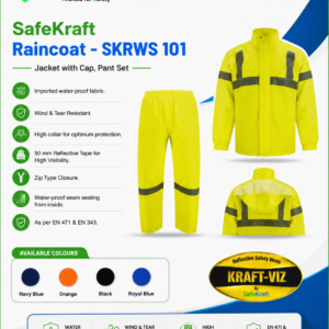 SafeKraft SKRWS 101 waterproof raincoat with yellow jacket, matching pants, cap, and reflective tape