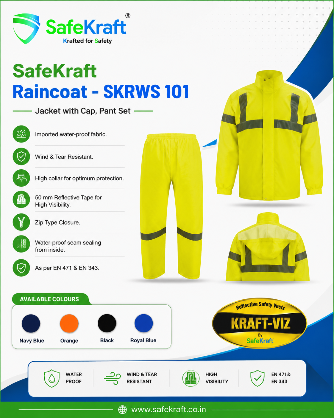 SafeKraft Raincoat - SKRWS 101 SafeKraft SKRWS 101 waterproof raincoat with yellow jacket, matching pants, cap, and reflective tape