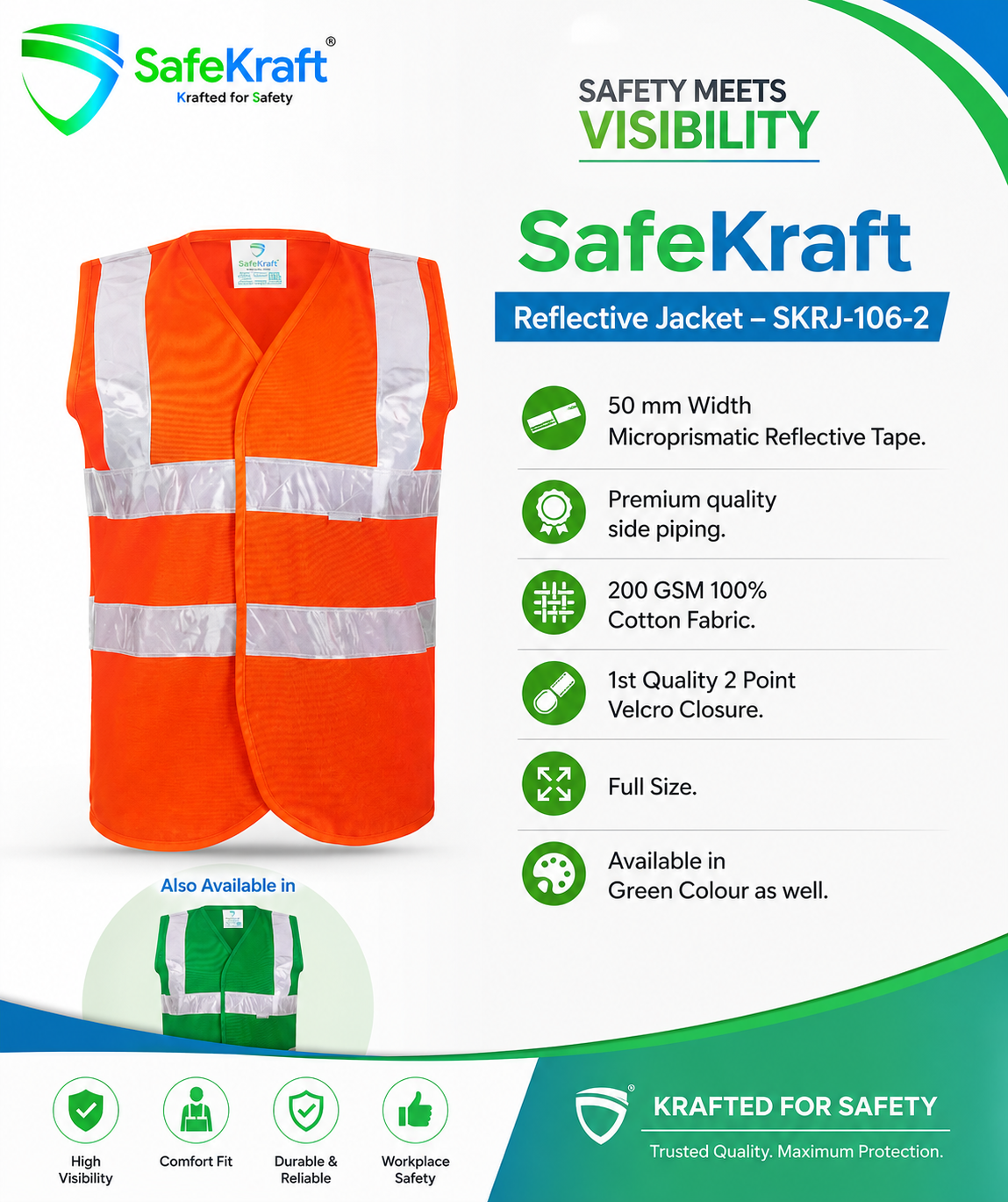 SafeKraft Reflective Jacket – SKRJ-106-2 SafeKraft High-Visibility Work Jacket SKRJ-106-2 with 50 mm microprismatic reflective tape