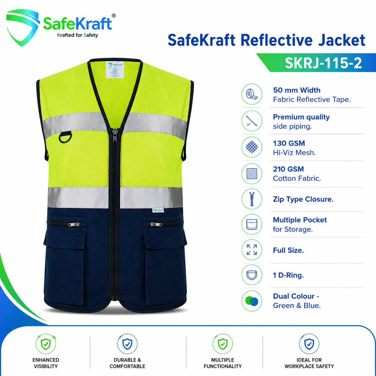 SafeKraft Reflective Jacket – SKRJ-115-2 SafeKraft High Visibility Reflective Safety Jacket SKRJ-115-2 with Pockets and Reflective Tape