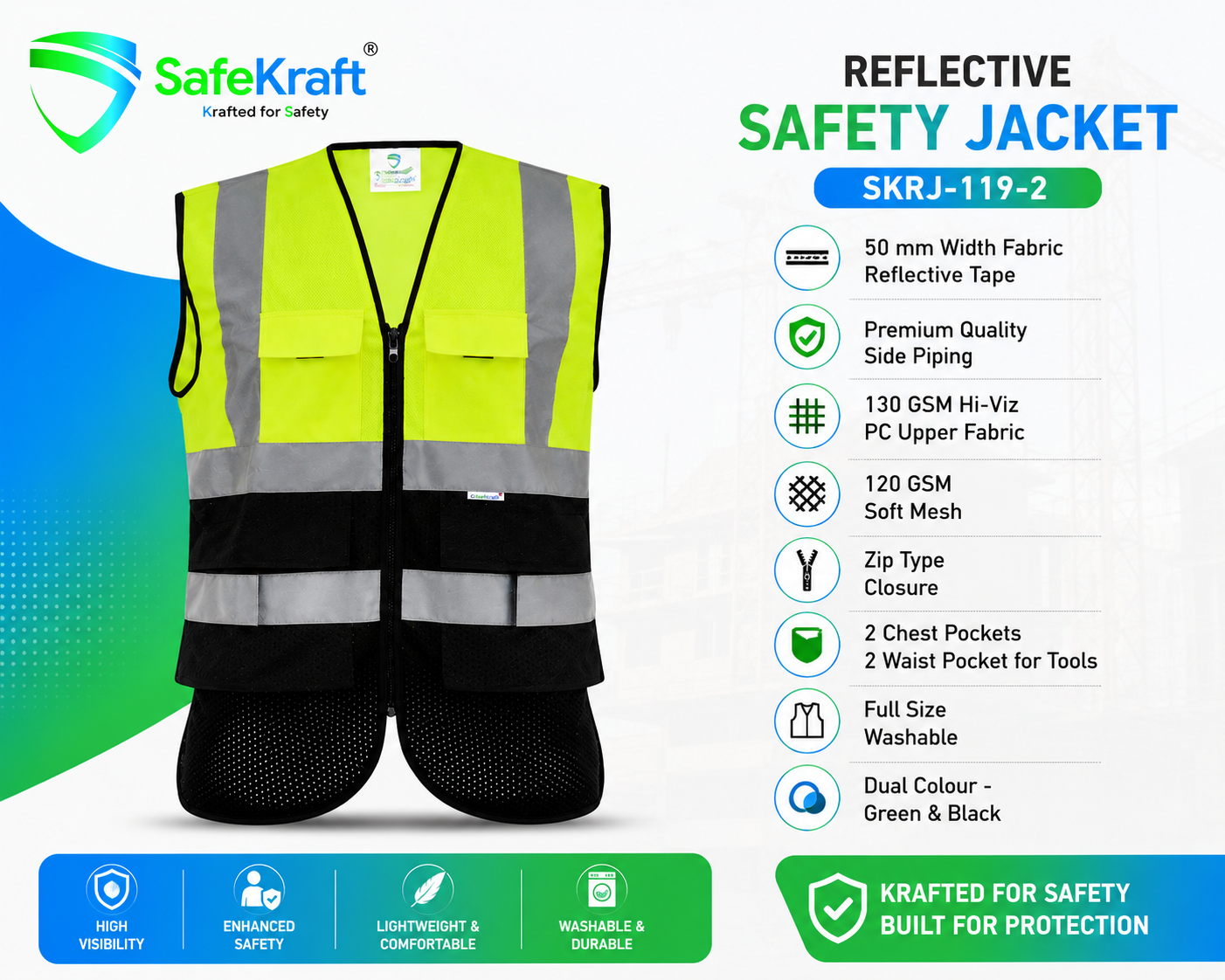 SafeKraft Reflective Jacket – SKRJ-119-2 SafeKraft SKRJ-119-2 Green and Black Reflective Safety Jacket