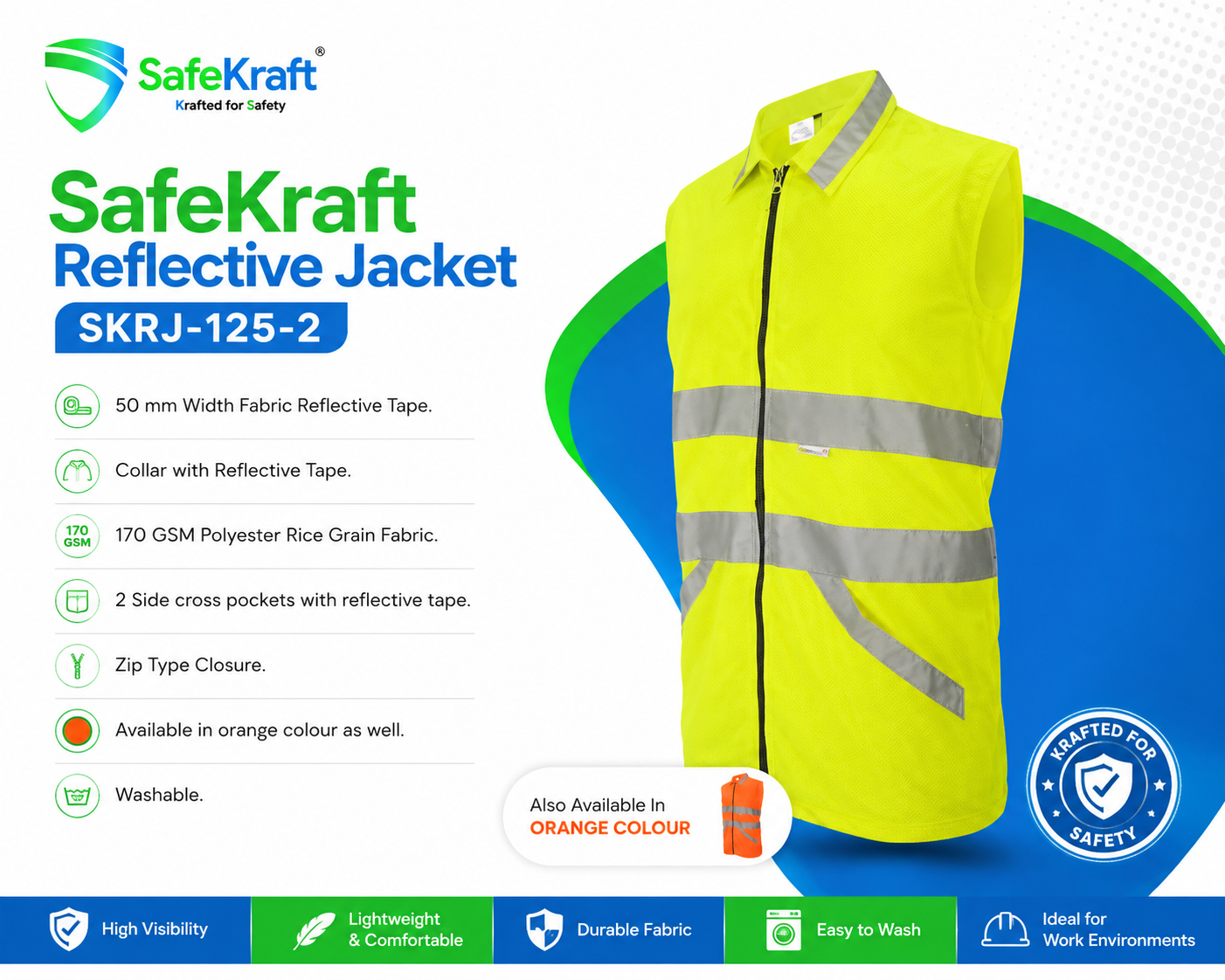SafeKraft Reflective Jacket – SKRJ-125-2 SafeKraft Reflective Safety Jacket SKRJ-125-2 with 50mm reflective tape