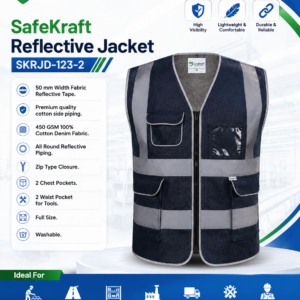 SafeKraft SKRJD-123-2 reflective denim safety jacket with 50 mm reflective tape and tool pockets