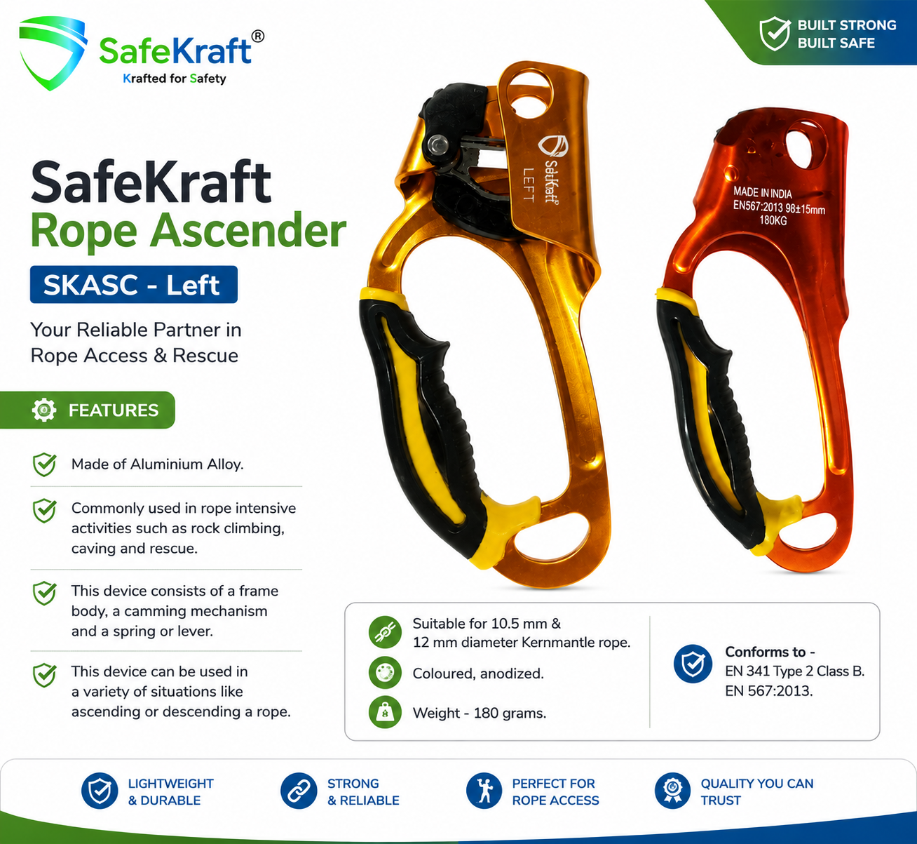 SafeKraft Rope Ascender SafeKraft SKASC Left aluminium rope ascender for 10.5 mm and 12 mm kernmantle rope