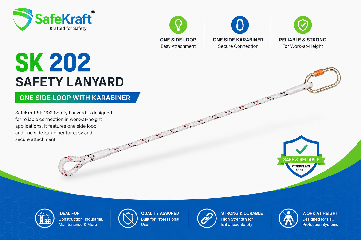 SafeKraft SK 202 Safety Lanyard – One Side Loop with Karabiner SafeKraft SK 202 Safety Lanyard – One Side Loop with Karabiner