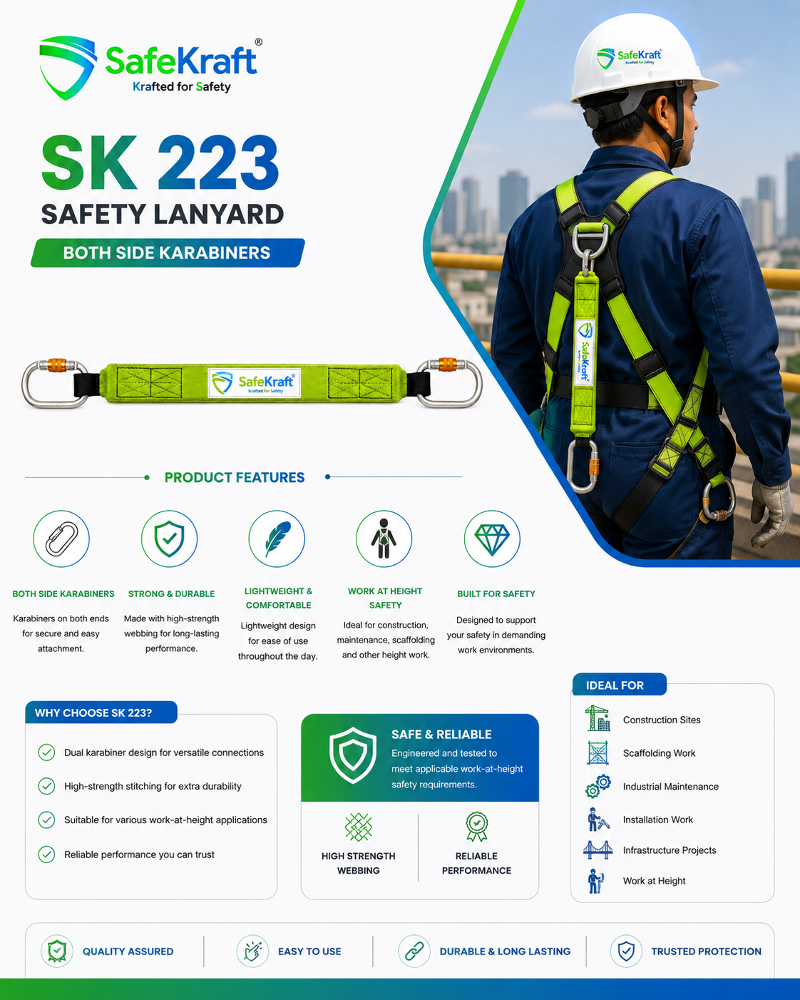 SafeKraft SK 223 Safety Lanyard with karabiners on both sides for suitable work-at-height safety applications.- SafeKraft SK 223 Safety Lanyard with karabiners on both sides for suitable work-at-height safety applications.