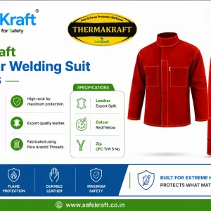 SafeKraft SKLWS leather welding suit with red jacket and pants and yellow stitching