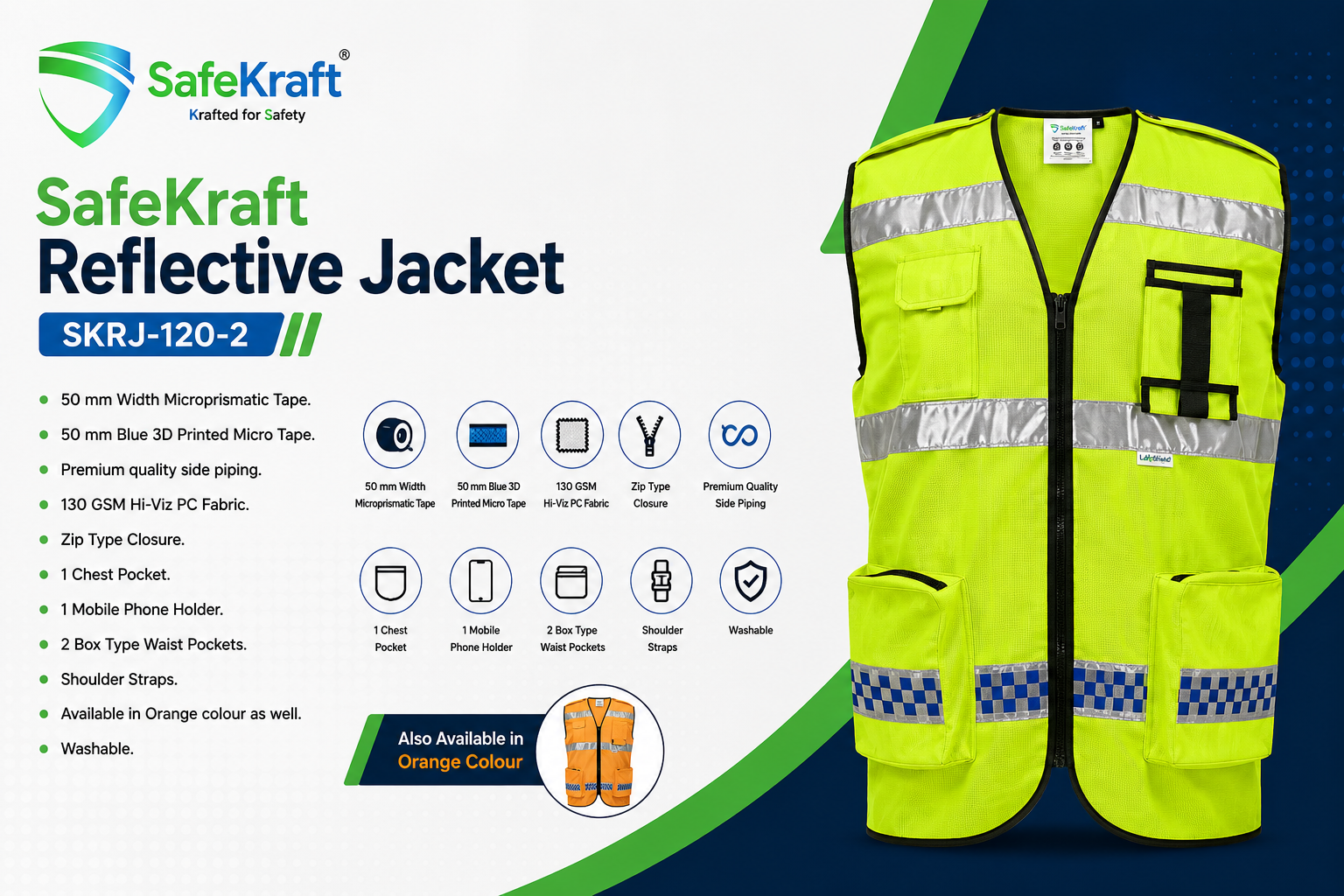 SafeKraft SKRJ-120-2 reflective safety jacket with Hi-Viz fabric and reflective tape SafeKraft SKRJ-120-2 reflective safety jacket with Hi-Viz fabric and reflective tape