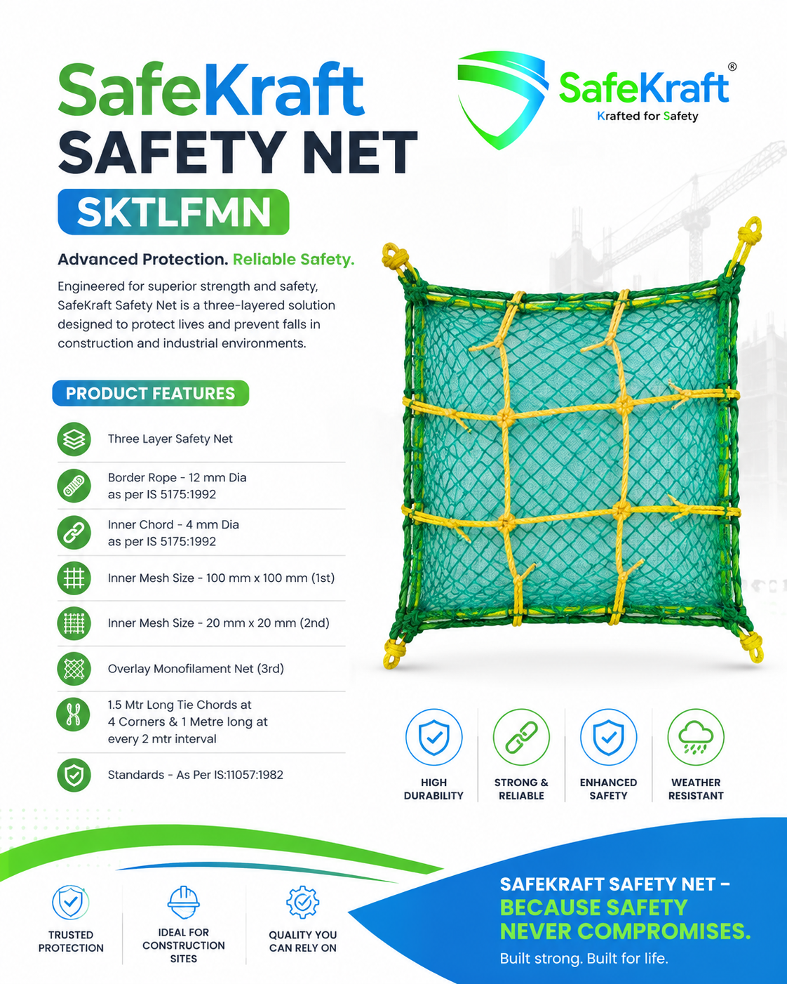 SafeKraft Safety Three Layer Safety Net SKTLFMN SafeKraft Construction Safety Net SKTLFMN three-layer safety net for construction and industrial protection