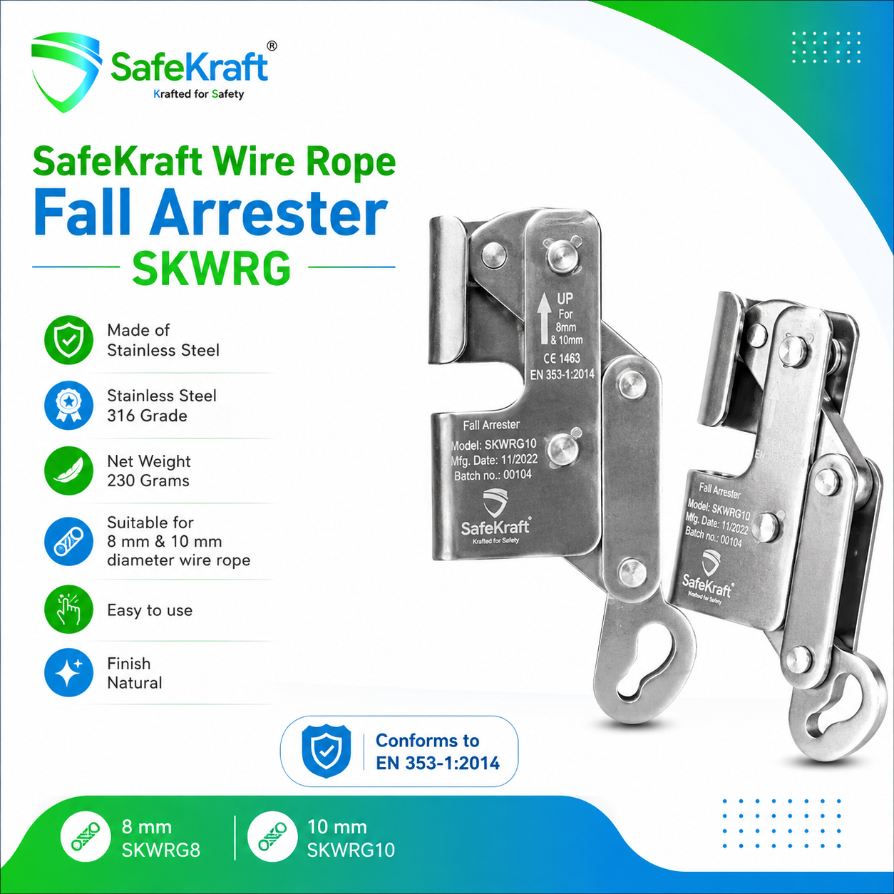 SafeKraft Wire Rope Fall Arrester – SKWRG SafeKraft SKWRG Wire Rope Fall Arrester for 8 mm and 10 mm wire rope
