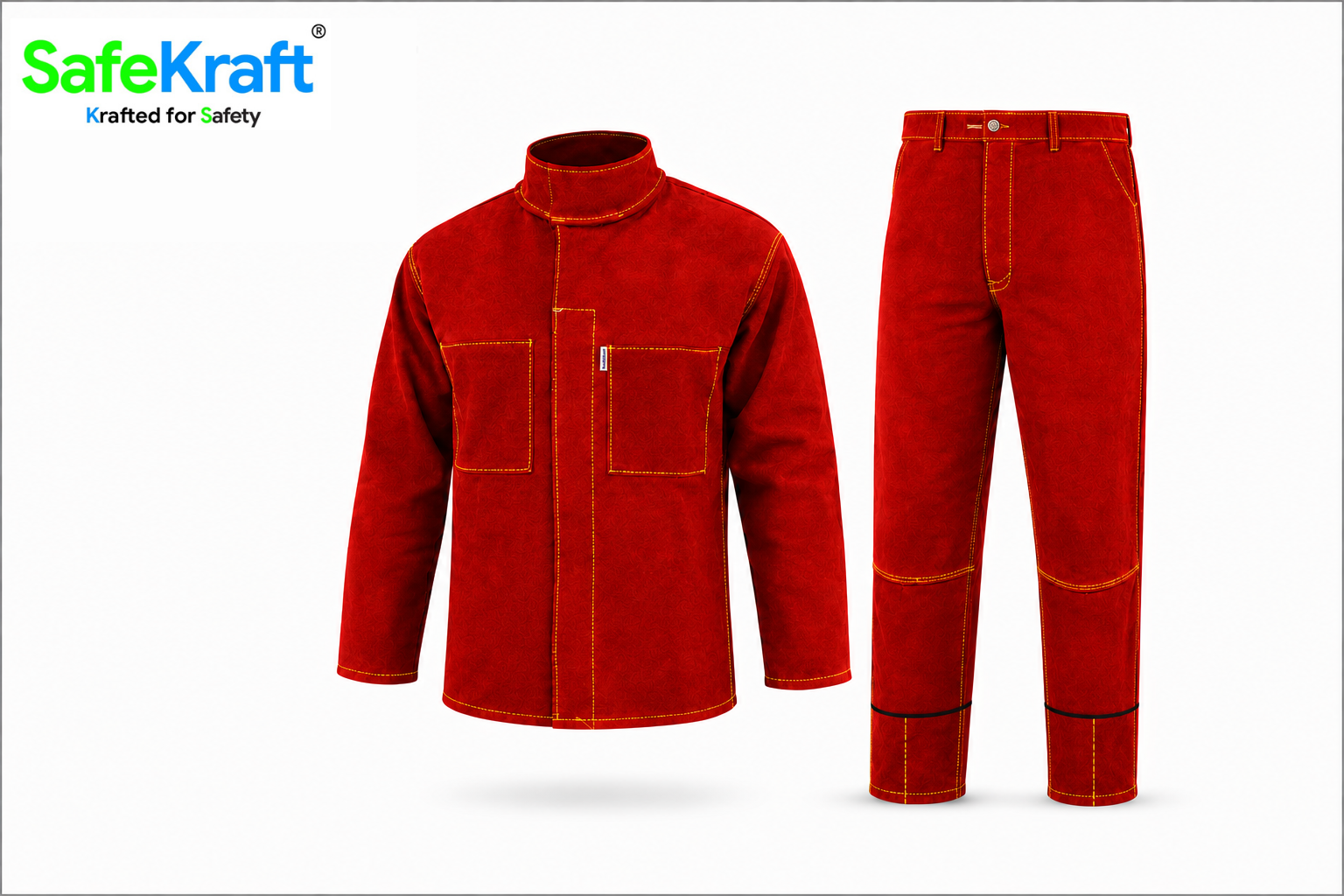 SafeKraft SKLWS leather welding suit with red jacket and pants and yellow stitching