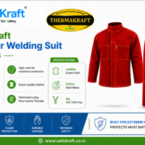 SafeKraft SKLWS leather welding suit with red jacket and pants and yellow stitching