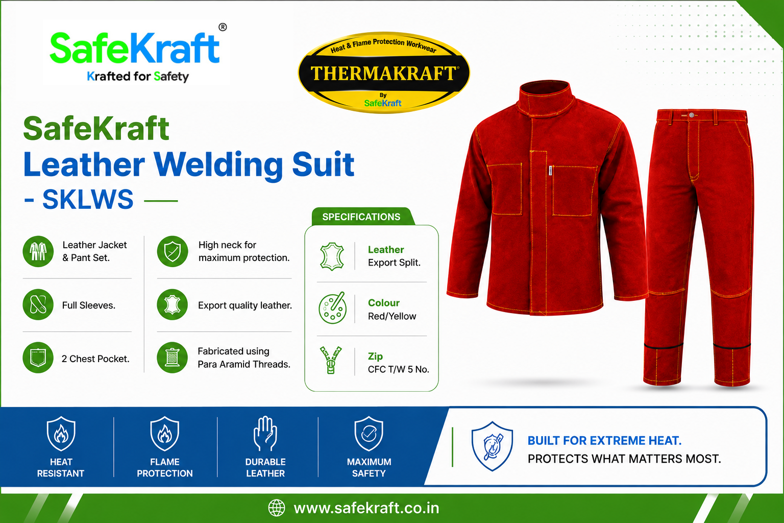 Untitled design (17) SafeKraft SKLWS leather welding suit with red jacket and pants and yellow stitching