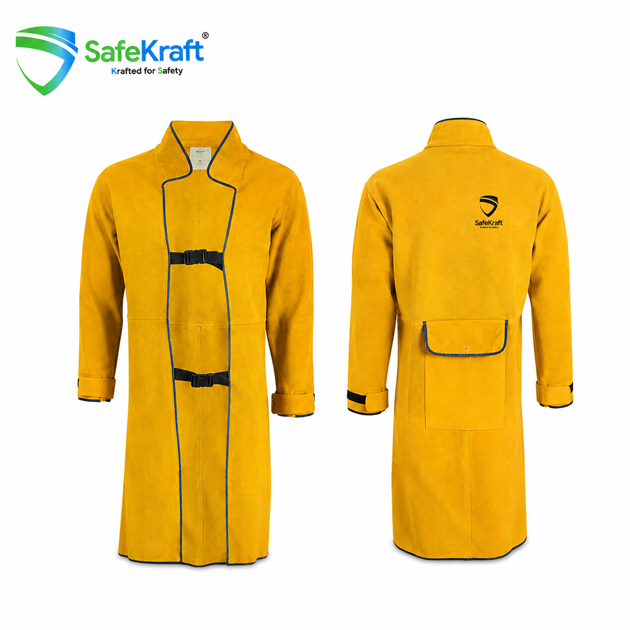SafeKraft leather apron SKLAPR-03 with attached arm sleeves and adjustable straps for industrial work