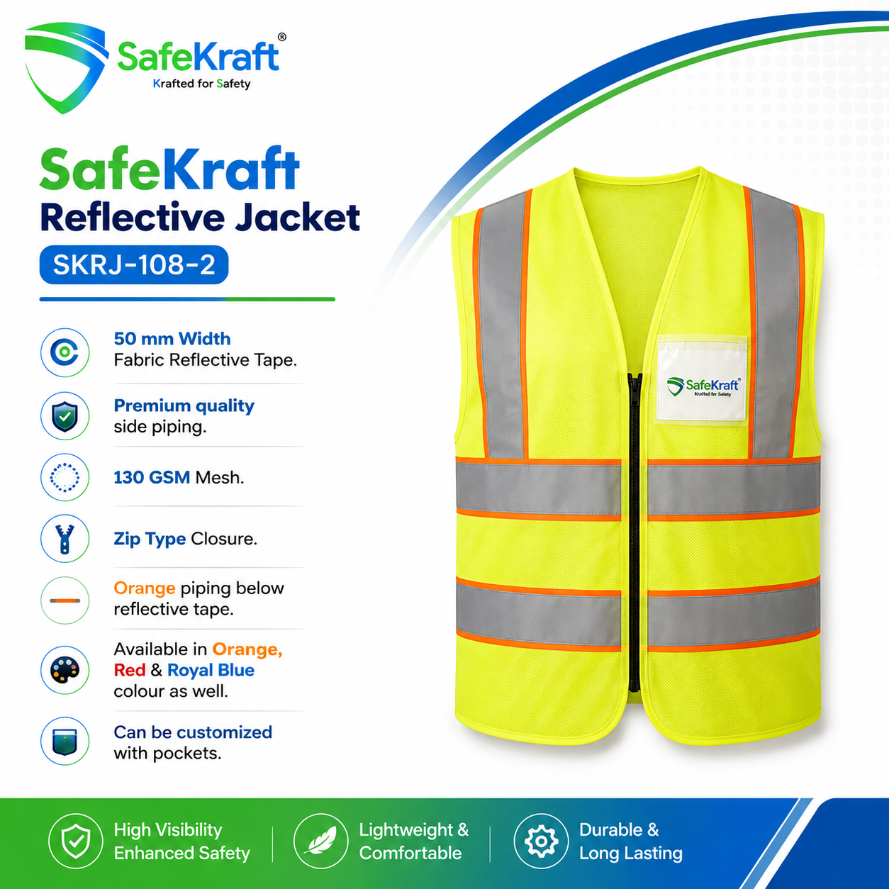 safekraft reflective jacket-SKRJ-108-2 SafeKraft SKRJ-108-2 high visibility reflective safety jacket with 50 mm reflective tape