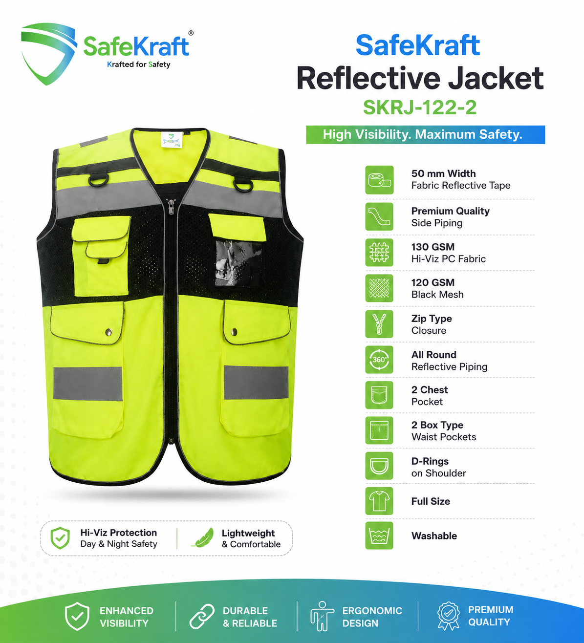safekraft reflective jacket SKRJ 122-2 SafeKraft, SKRJ-122-2, Reflective Safety Jacket, High Visibility Safety Jacket, Hi Vis Safety Jacket, Reflective Workwear, Safety Workwear