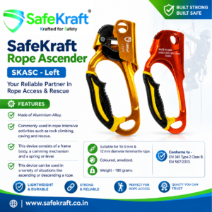 SafeKraft SKASC Left anodized rope ascender with black-yellow ergonomic grip for rope access, rescue and climbing, 10.5–12mm