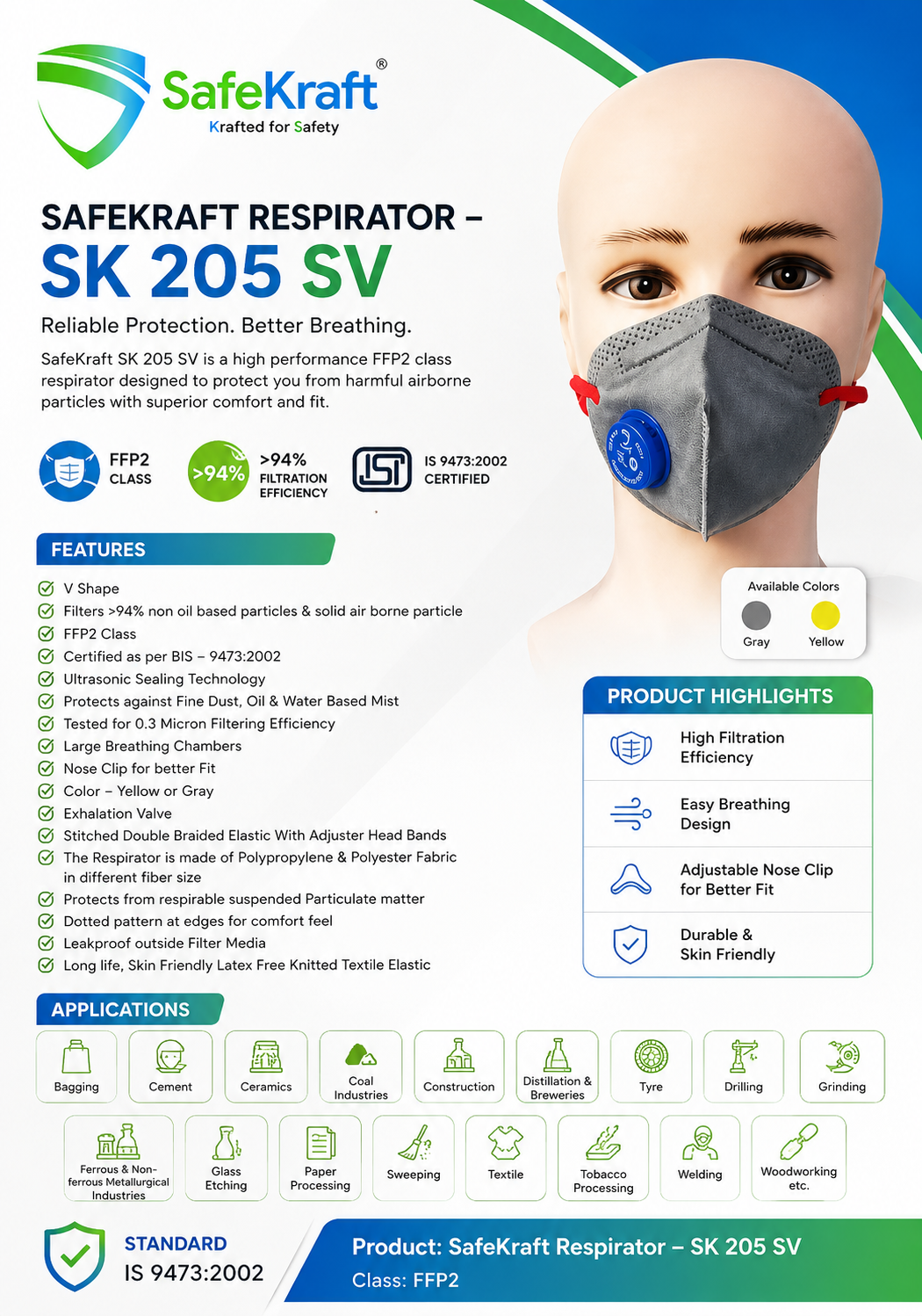 SAFEKRAFT RESPIRATOR – SK 205 sv SK 205 SV respirator FFP2 industrial safety mask