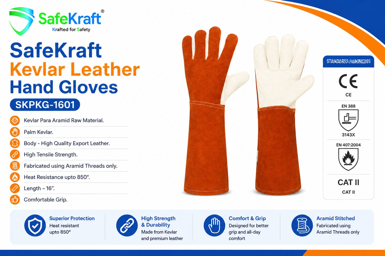 SafeKraft Kevlar Leather Hand Gloves SKPKG-1601 – 16-inch heat-resistant safety gloves SafeKraft Kevlar Leather Hand Gloves SKPKG-1601 – 16-inch heat-resistant safety gloves