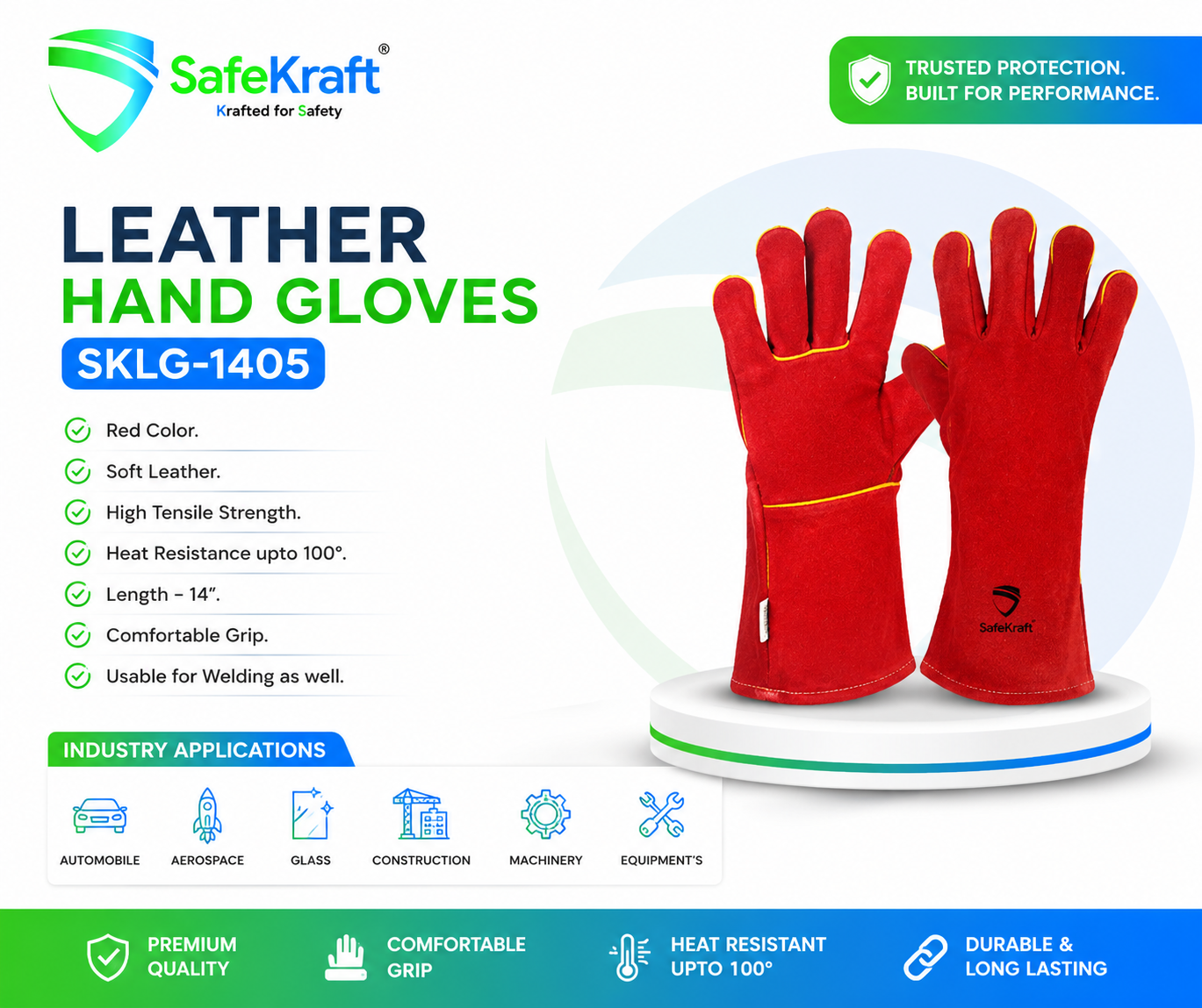 SafeKraft Leather Hand Gloves – SKLG-1405 SafeKraft SKLG-1405 Industrial Leather Gloves – Red Leather Safety Gloves for Welding and Industrial Work