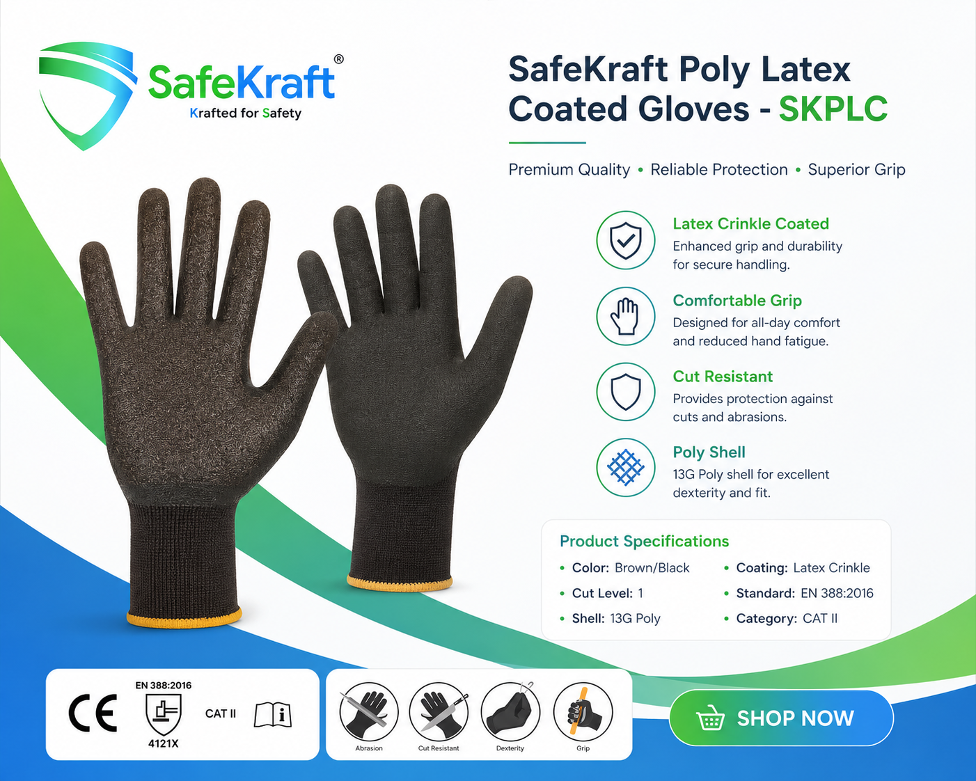 SafeKraft Poly Latex Coated Gloves – SKPLC SafeKraft Poly Latex Coated Gloves SKPLC with 13G poly shell and latex crinkle coating