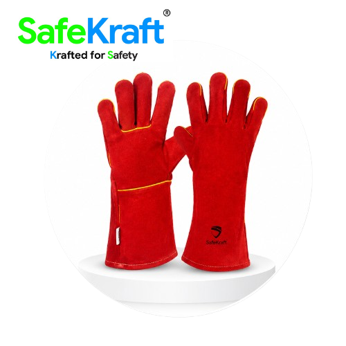 SafeKraft SKLG-1405 Industrial Leather Gloves – Red Leather Safety Gloves for Welding and Industrial Work