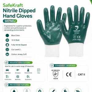 SafeKraft SKFNDJ blue nitrile dipped hand gloves with white cotton jersey cuff