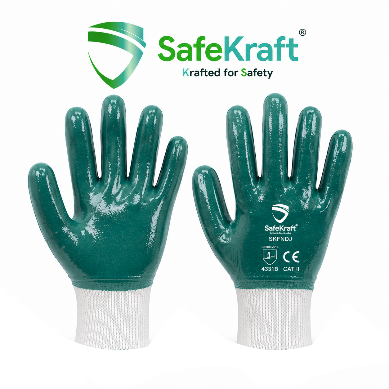 SafeKraft SKFNDJ blue nitrile dipped hand gloves with white cotton jersey cuff