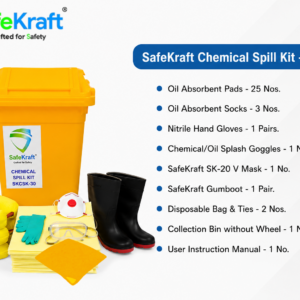 Chemical spill response kit with absorbent pads, socks and PPE